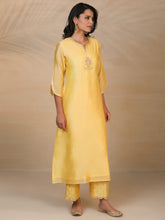 Yellow hand embroidered silk chanderi kurta