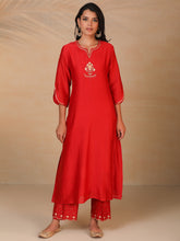 Red hand embroidered silk chanderi kurta