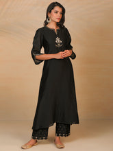 Black hand embroidered silk chanderi kurta