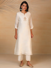 Off White hand embroidered silk chanderi kurta