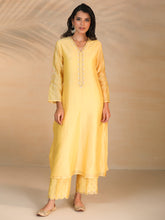 Yellow hand embroidered silk chanderi kurta