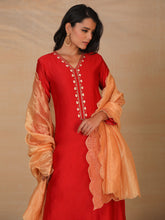 Red hand embroidered silk chanderi kurta
