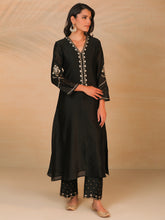 Black hand embroidered silk chanderi kurta