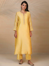 Yellow hand embroidered silk chanderi kurta