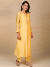 Yellow hand embroidered silk chanderi kurta