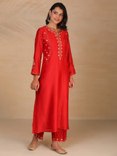 Red hand embroidered silk chanderi kurta