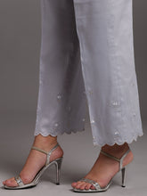Grey scalloped cotton satin palazzo with embroidery