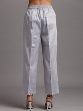 Grey scalloped cotton satin palazzo with embroidery