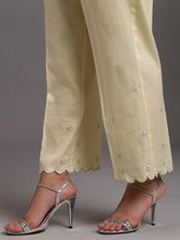 Yellow scalloped cotton satin palazzo with embroidery