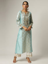 Blue Silk chanderi kurta with hand embroidery and golden jaal