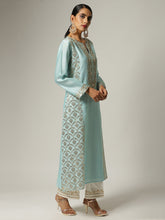 Blue Silk chanderi kurta with hand embroidery