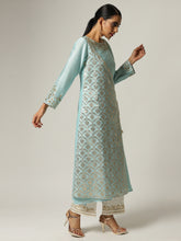Blue Silk chanderi angrakha kurta with hand embroidery