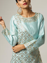 Blue Silk chanderi angrakha kurta with hand embroidery