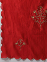 Red silk chanderi scalloped dupatta with zari embroidered floral motifs