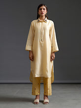 Yellow collared hand embroidered silk chanderi tunic kurta