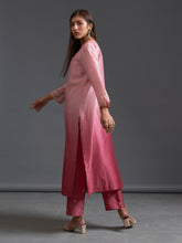 Pink ombre hand embroidered silk chanderi kurta