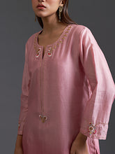 Pink ombre hand embroidered silk chanderi kurta