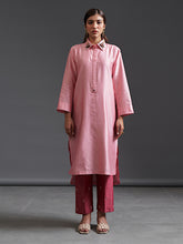 Pink collared hand embroidered silk chanderi tunic kurta