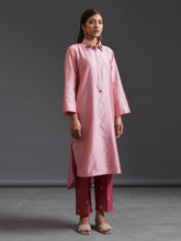 Pink collared hand embroidered silk chanderi tunic kurta