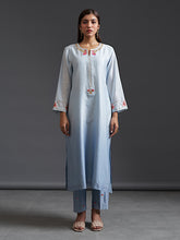 Blue ombre hand embroidered silk chanderi kurta