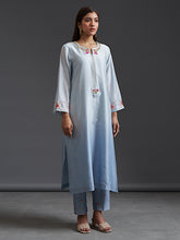 Blue ombre hand embroidered silk chanderi kurta