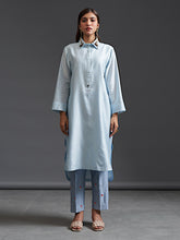 Blue collared hand embroidered silk chanderi tunic kurta