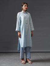 Blue collared hand embroidered silk chanderi tunic kurta