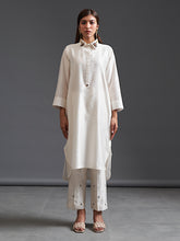 Off white collared hand embroidered silk chanderi tunic kurta