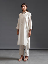 Off white collared hand embroidered silk chanderi tunic kurta