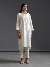 Off white collared hand embroidered silk chanderi tunic kurta