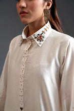 Off white collared hand embroidered silk chanderi tunic kurta