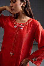 Red ombre hand embroidered silk chanderi kurta