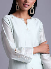 Pastel green silk chanderi kurta with embroidery