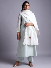 Off white silk chanderi scalloped dupatta with embroidery