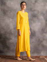 Yellow Silk chanderi kurta with hand embroidery