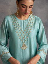 Blue Silk chanderi kurta with hand embroidery