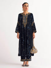 Deep blue velvet kurta with hand embroidery