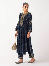 Deep blue velvet kurta with hand embroidery