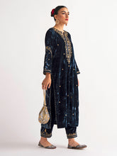 Deep blue velvet kurta with hand embroidery