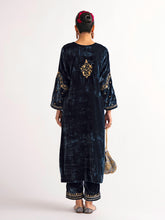 Deep blue velvet kurta with hand embroidery