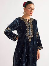 Deep blue velvet kurta with hand embroidery