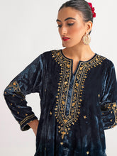 Deep blue velvet kurta with hand embroidery