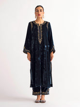 Deep blue velvet kurta with hand embroidery