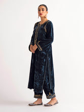 Deep blue velvet kurta with hand embroidery