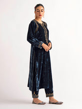 Deep blue velvet kurta with hand embroidery