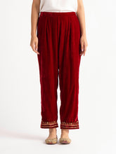 Deep red velvet palazzo with embroidery