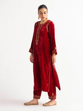 Deep Red velvet kurta with hand embroidery