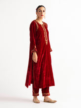 Deep Red velvet kurta with hand embroidery