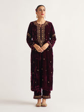 Wine velvet kurta with hand embroidery