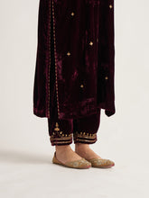 Wine velvet kurta with hand embroidery